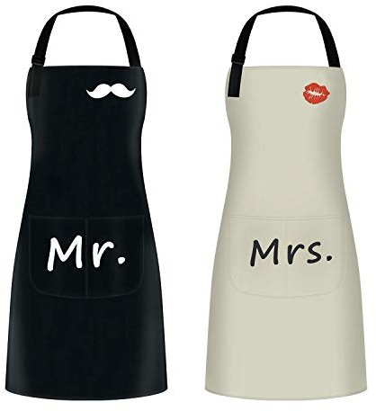 2 Delantales Cocina, Delantales de Chef, Delantal Impermeables Ajustables para Hombres Mujeres, Delantal de Pareja para Bodas, día de San Valentín, día del Padre, día de la madre (Negro y Beige)