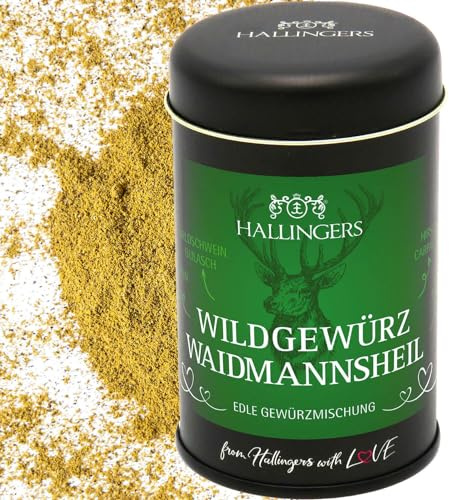 Hallingers Genuss Manufaktur Gewürzmischung Jäger-Geschenk - Koch-Gewürze in edler Geschenk-Dose Wildgewürz Waid... für Reh, Wildschwein & Hirsch, Jagd-Geschenkidee für Jäger