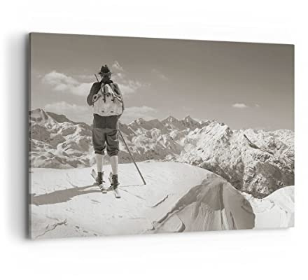 Wandbilder Dekoration Wohnzimmer Skifahrer Bayern Sepia Bilder auf Leinwand 120x80cm Leinwandbild Schlafzimmer Küche Deko Wand Kunstdruck Art Groß XXL Wanddeko Bild Wall Decor Canvas AA120x80-4192