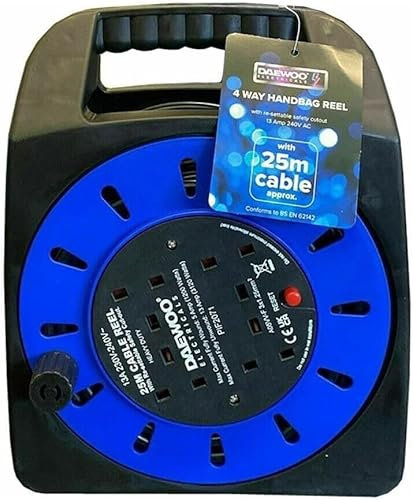 4 Way 25M Heavy Duty Handbag Reel Extension Reel with Safety Cut Out Switch | 13amp UK 3Pin Plug ((4 Gang) 25 Metre, Reel Extension)