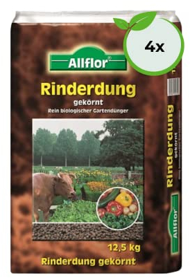Allflor Rinderdung gekörnt - 4 x 12,5 Kg - Rinderdungpellets im Beutel - Wirtschaftsdünger von Rindern - Biologischer Gartendünger - Rindermist - Fördert die Humusbildung