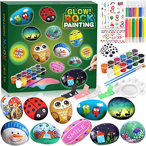 BEYAOBN Juego de 12 piedras para pintar para niños con 12 colores que brillan en la oscuridad, juego de manualidades, pintura de piedra creativa, para niños, adultos, regalos