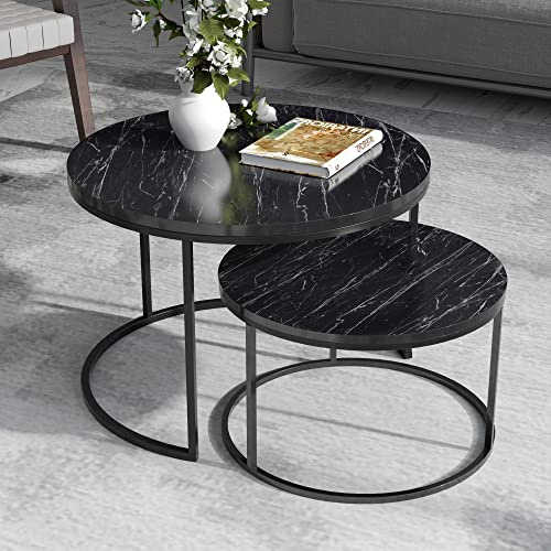 [en.casa] Couchtisch 2er Set Skagen Wohnzimmertische Beistelltische rund Satztisch Metallgestell Marmoroptik, schwarz