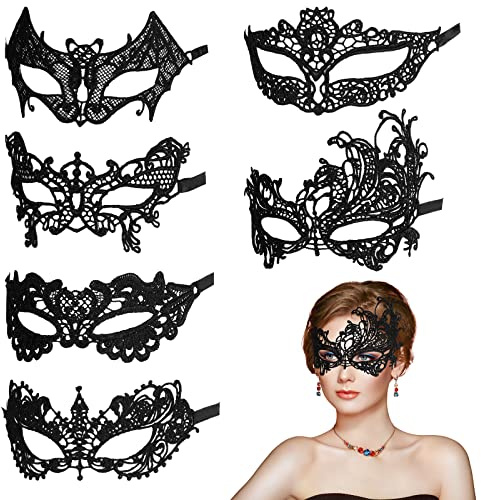 AOMIG venetianska masker, 6 stycken Mardi Gras-masker för maskeradkväll, spetsmasker med halvansikte för kvinnor män, Mardi Gras-masker Halloween maskerad