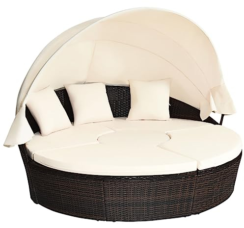 GYMAX Polyrattan Sonneninsel mit faltbarem Dach, Gartenlounge mit Kissen & Couchtisch, multifunktionales Gartenmöbel, Sonnenliege für Garten & Terrasse, 192 x 177 x 146 cm (Beige)