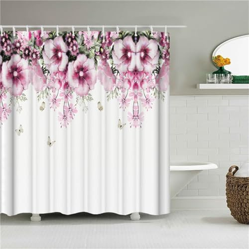 Syiboo Tenda Vasca da Bagno 250x180cm Tenda Doccia 3D Impermeabile Antibatterica Poliestere Lavabile in Lavatrice con Ganci per Famiglia Appartamento Hotel Decor Fiore rosa bianco