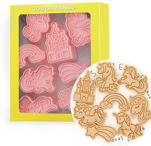 Tuxxzis - Juego de 8 cortadores de galletas de unicornio 3D para fiestas de cumpleaños