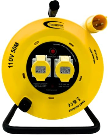 110V Cable Reel 50m Heavy Duty Extension Lead 1.5mm Extension Cable, 2X 16A Sockets, Thermal Cut Out, IP44 Plug, Power Indicator, Carry Handle - Power Tool for Industrial & Construction Site Use