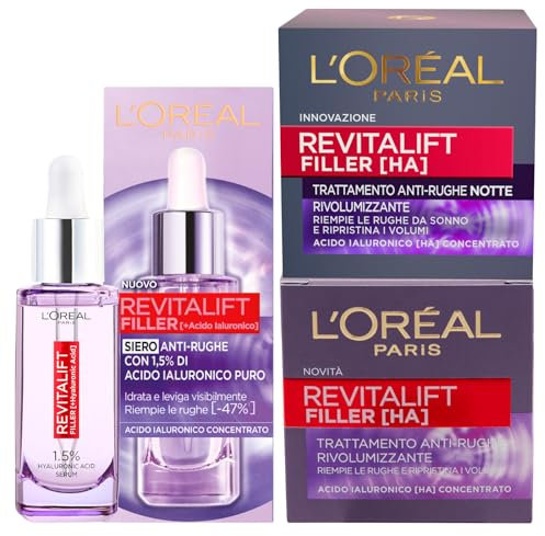 L'Oréal Paris Kit Revitalift Filler Siero Antirughe Volumizzante Idratante da 30ml + Trattamento Anti Età Rimpolpante da 50ml + Trattamento Notte Viso Rivolumizzante con Acido Ialuronico da 50ml