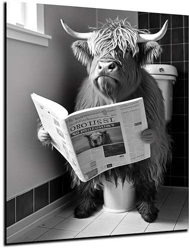 DARO Design - Bilder Deko Gäste WC Wandbild Badezimmer Bad Toilette Kunstdruck Bild auf 6mm HDF 56x84 cm Hochlandrind Wanddeko - lustige Wandbilder Leinwand Poster Kuh Aesthetic Room Decor