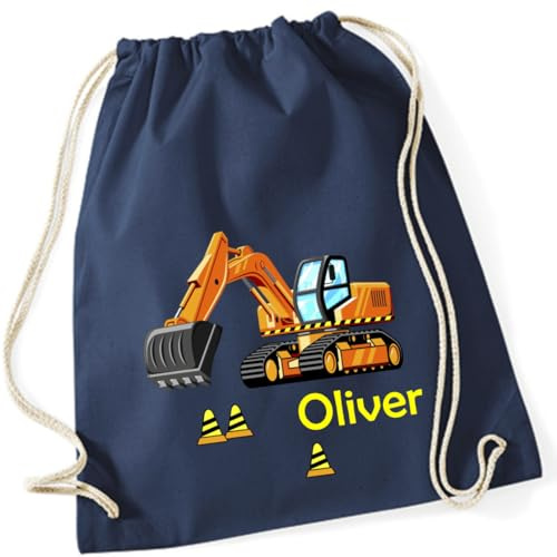 minimutz Turnbeutel Bagger Baustelle mit Namen personalisiert - Stoffbeutel Jungen Rucksack - Sportbeutel zum Zuziehen - 12L - 37x46cm (dunkelblau)