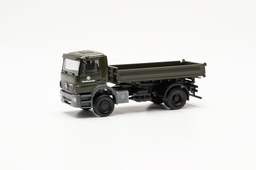 herpa LKW Modell Mercedes-Benz Axor 3-Seitenkipper Bundeswehr, Miniatur im Maßstab 1:87, Sammlerstück, Made in Germany, Kunststoff, grün
