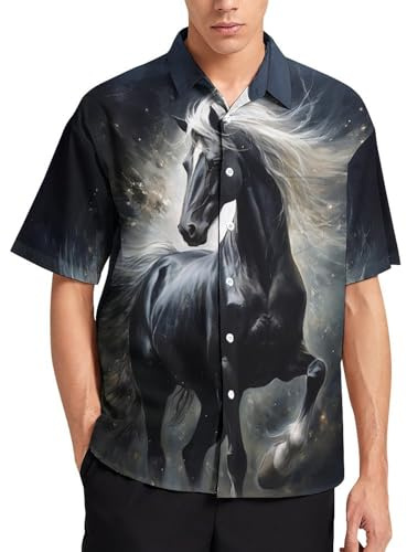 Girren herr häst grafik button down-skjortor nyhet 3D-tryck djurficka kortärmad skjorta, Svart1, XL