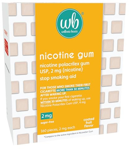 Wellness Basics Nicotine Gum 2mg | Stop-Smoking Aid | Fruit Flavor | 160 Count | Reduces Cravings & Withdrawal Smyptoms