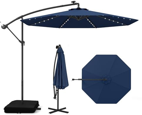COSTWAY Ø 300 cm parasoll med stativ och LED-lampor, trafikljus med vev, trädgårdsparasoll, UV-skydd, marknadsparaply för trädgård, pool, terrass (blå)