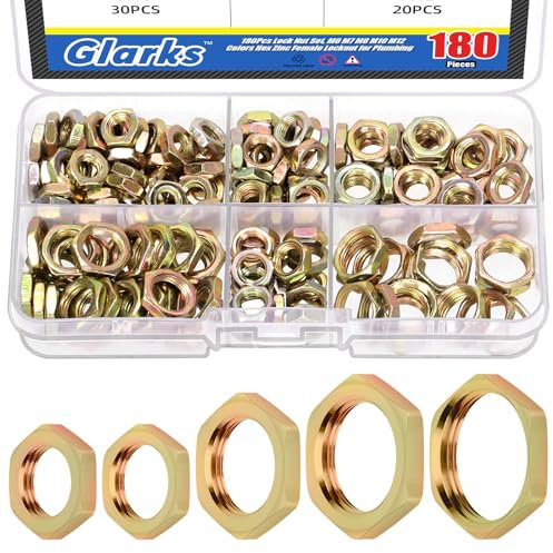 Glarks 180Pcs M6 M7 M8 M10 M12 Metric Hex Lock Nut Set, Yellow Zinc Cast Pipe Fitting Thin Hex Female Lock Nut for Plumbing