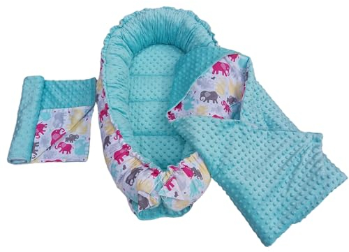 Leanbe Babynestchen-Set, 90x50 cm Baumwolle, 3-teilig mit Kuschelnest und Decke, für Neugeborene (BLAU/Bunte Elefanten)
