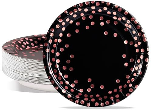 AIPartywar Assiette Jetable Anniversaire 50pcs 18cm Assiettes en Carton Jetables Assiettes Party Vaisselle Jetable pour Baptême, Anniversaire, Mariage, Camping-Noir Rose Or