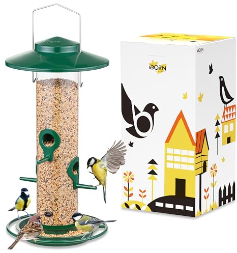 iBorn Vogelfutterspende für den Außenbereich–Metall Vogelfutterhaus für Kardinalvögel,1.5 Pfund (ca.680g) Futterkapazität,17cm großes Dach und Futterteller,4 Futteröffnungen,Grün