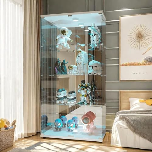 FOERPL Vitrin med Glasdörr och Belysning, Dörrlås, 4 hyllor - Stor Samlarvitrin, Stående Vitrin för Vardagsrum Kontor (Spegelbak)