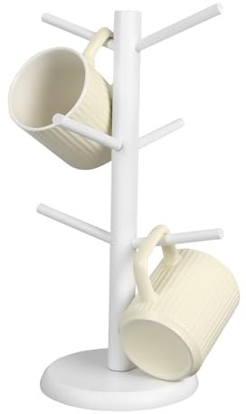 Minicoco Wooden Mug Tree Cup Holder Tree with 6 Hooks,Tree Holder, Coffee Cup Holder, Counter Cup Holder, Coffee Mug Holder Storage Rack for Your Counter (White)