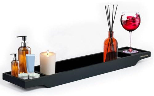 Vivaas Bamboo Bath Caddy Tray Bridge Bath Tray Wooden Bathtub Tray Rack Caddy Tidy Bathroom Shelf Organizer Storage Bath Table for Reading,Tablet, Wine Glass Bath Accessories (Black)