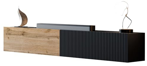Mirjan24 TV-Lowboard Cholon 200 mit 2 Klappen (Schwarz + Wotan Eiche) | Hängender TV-Schrank mit geriffelter MDF-Front, Gasdruckfedern und 4 Innenfächern für Mediengeräte und Zubehör