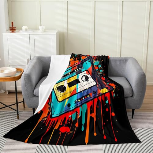 Erosebridal 80S Party Tape Throw Blanket 40x50,Cassette Music Theme Fleece Blanket for Boys Men,Hippie Audio Musical Fuzzy Blanket,Grunge Blue Red Flannel Blanket for Sofa Bed Couch