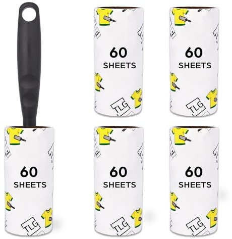 TLG Lint Roller, 5 Refills 300 Extra Sticky Sheets with Handle - Sticky Roller for Clothes - Lint Roller Refills, for Pet Hair, Cat Hair, Dust & Fluff from Furniture, Carpet, Lint Removers for Clothes