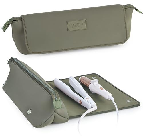 BAREFOOT CARIBOU Hair Tools Travel Bag and Heat Resistant Mat 17 (Olive) | For Flat Irons, Straighteners, Curling Irons, Hair Accessories, 2-in-1 Portable Organizer Case with Interior Storage Pockets