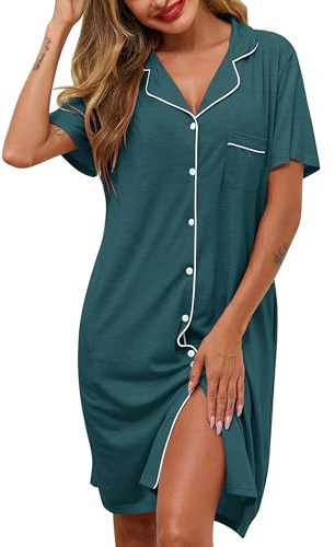 Lovasy Camicia da Notte in Cotone Donna Estiva Manica Corta Abito da Notte Allattamento con Scollo a V Pigiama Vestaglia Bottoni Davanti con Tasche,A-Verde Scuro,L