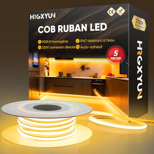 HRGXYUN 230V COB LED Streifen Aussen, 240 LEDs IP67 Wasserdicht Selbstklebend, Bande LED 900LM Ohne Trafo Flexible Kürzbar für Zimmer und Außen Dekoration Beleuchtung, 2700K Warmweiß, 5m