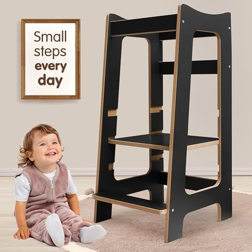 Montessori Learning Tower – Wooden Kitchen Step Stool, Safe Standing Helper Platform with 3 Adjustable Heights for Toddlers 2–6 Years (Anthracite/Pine)