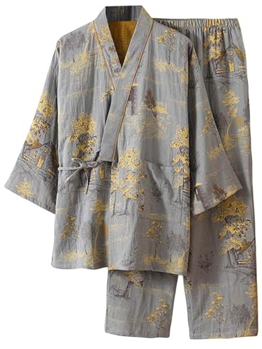 2025 Hommes Printemps Kimono Japonais Pyjama Hanboki Loungewear Jacquard Lâche Cravate Maison Ensemble Manteau en éponge Femme, Vert clair., M