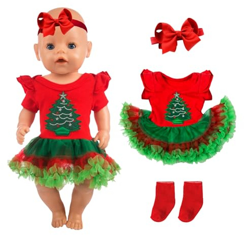 3 Stück Kleidung Outfits für 14-18 Zoll Baby Puppen, 30-43cm Baby Puppenkleidung Outfits 1 Kleid mit Weihnachtsbaum Print 1 rotes Haarband mit Schleife 1 Socken Geburtstagsgeschenk für Mädchen