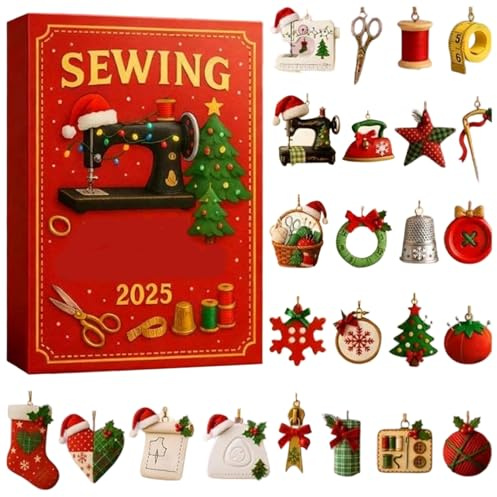 Nähen Adventskalender 2025 | 24 Tage Nähmaschinen Ornamente Weihnacht Countdown Kalender 2025 | 2D Weihnachtskalender mit Strickanhänger | Nähzubehör Weihnachtsbaumschmuck für Bastelliebhaber