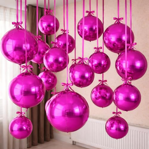 HILAVO 12PCS Hot Pink Round Foil Balloons, 22 15 10 Large 4D Ball Balloons Metallic Hot Pink Mirror Sphere Balloon for Valentines Galentines Day Wedding Women Birthday Party Ceiling Decorations