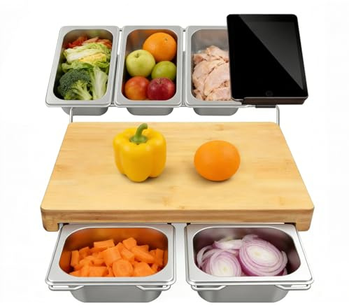 Planche À Découper Multifonction En Bambou Avec Bac De Récupération | 5 Bacs De Récupération En Acier Inoxydable Et Support Pour Tablette, 43 X 28 Cm, Antidérapante Et N'Abîme Pas Les Couteaux