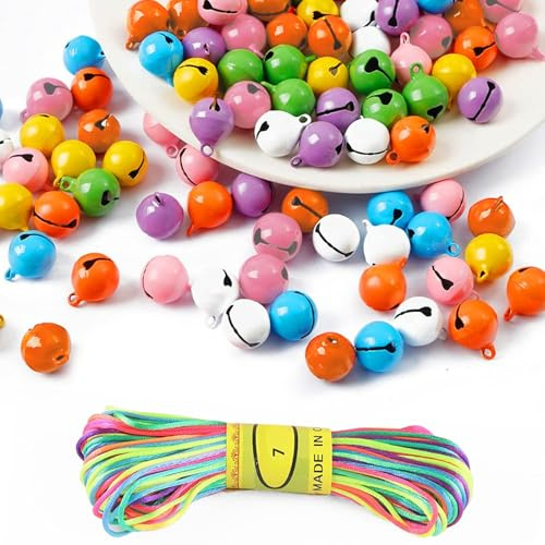 Cossaot 60 Piezas Cascabeles, 22 MM Coloridos para Decoración DIY, Cascabeles de Metal para Manualidades, Cuerda Colorida de 20 M, para Decoración DIY, Guirnalda, Gatos (Colores Mixtos)