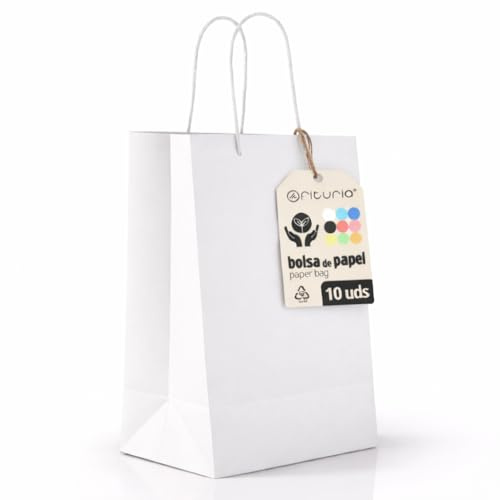 Sacs en Papier Blancs M avec Anses – Lot de 10, Sacs Résistants et Recyclables pour Cadeaux et Commerces – OFITURIA (24x11x32 cm, Blanc)