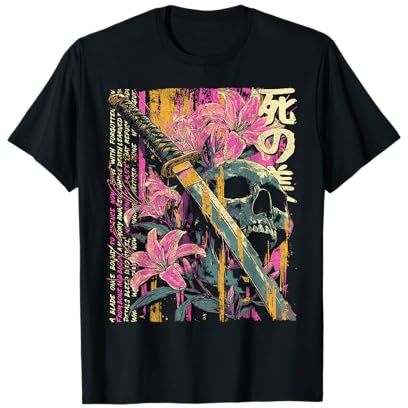 Rosso Ragno Giglio Fiore Katana Skull Anime Giapponese Otaku Maglietta