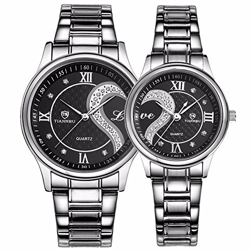 DREAMING Q&P fq-102 Acier Inoxydable Romantique Paire Lui et Le Sien Poignet Montres pour Homme Femme Jeu DE 2 - Noir