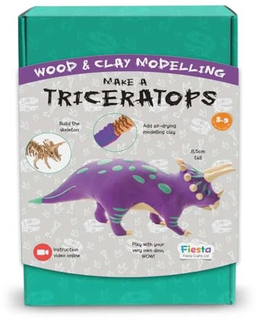 Fiesta Crafts Make a Triceratops Clay and Wood Modelling Kit for Kids - Fun Educational Learning Toy DIY Craft and Art Activity for Children to Develop Imagination and Creativity Age 5 to 9 Years