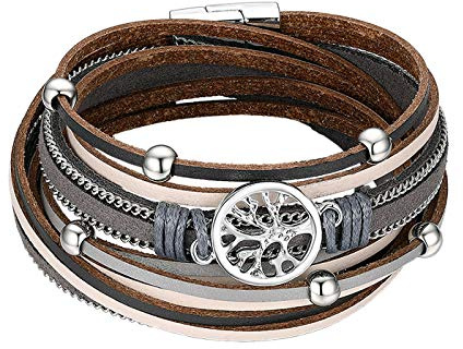 JewelryWe Herren Lederarmband Wickelarmband Punk Lebensbaum Baum des Lebens Boho Multilayer Geflochtene Leder Armband Armreif Wickelarmband Manschette mit Magnetverschluss
