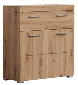 trendteam smart living - Amanda - Kommode - Eiche - Badschrank - (BxHxT) 73 x 79 x 31 cm - Mehrzweckschrank mit großer Schublade und einem verstellbaren Einlegeboden - silberfarbene Griffe | B 73 x H 79 x T 31 cm · 2 Türen, 1 Schublade, 1 Einlegeboden