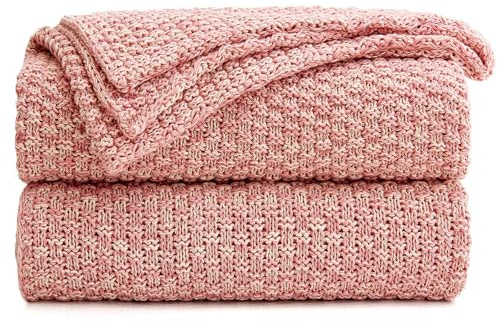 Longhui bedding Altrosa gestrickte Überwurfdecke für Couch, weich, gemütlich, maschinenwaschbar, 100% Baumwolle, Sofa-Strickdecken, schwer, 1.3 kg Gewicht, rosa und weiß, Wäschesack enthalten