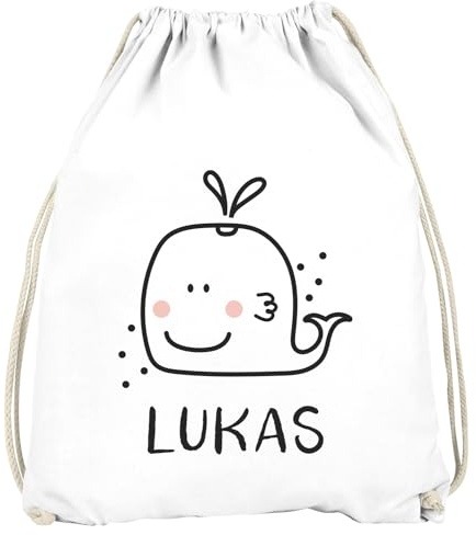 SpecialMe® Kinder Turnbeutel personalisiert mit Name Wal lustige Unterwassertiere-Tiere Strichzeichung Namensaufdruck Weiss unisize