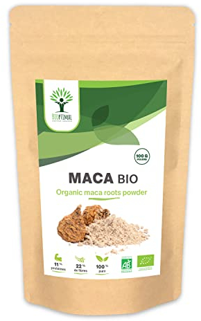 Maca Bio - Bioptimal - En Poudre - Racine de Maca Jaune du Pérou - Energie Libido Sexualité Fertilité Homme Femme - Qualité Premium - 100% Pur - Conditionné en France - Certifié Ecocert - 100 g