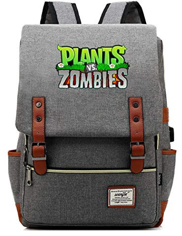 WANHONGYUE Spiel Plants vs. Zombies Backpack Vintage Schulrucksack Studententasche Schulranzen 15,6 Zoll Laptop Rucksack mit USB-Ladeanschluss Light Grey / 2