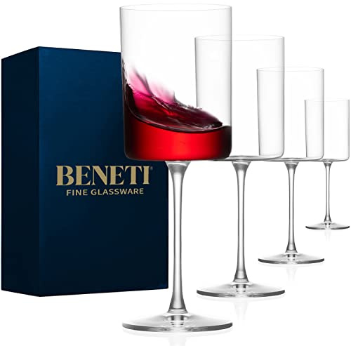 BENETI Large Square Wine Glass Set of 4-17 oz European-Made Hand Blown Glass White Wine Goblets w/Laser-Cut Rim, Dishwasher-Safe Crystal Clear Red Wine Glass Gift Set